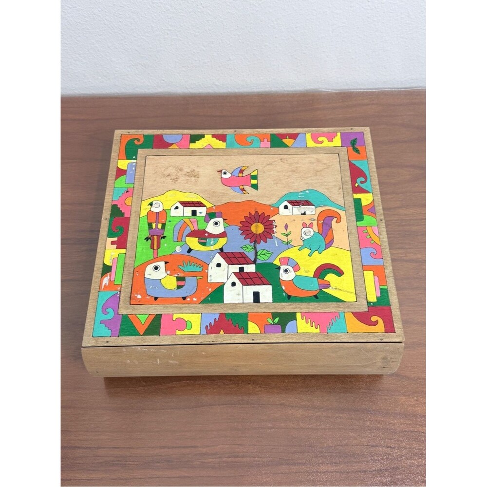 Vintage Handmade Painted El Salvador Folk Art Wood Trinket Box Multicolor 12x11x